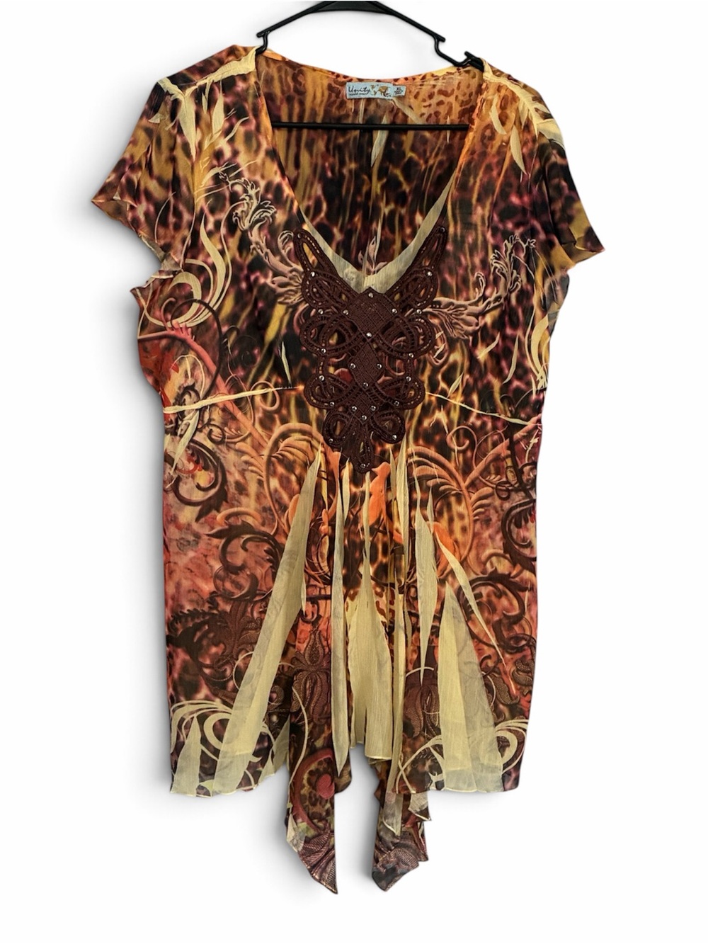 Unity World Wear Brown & Gold V‑Neck Decorative Tunic Top